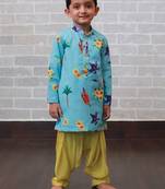 Blue printed art silk boys-kurta-patiala