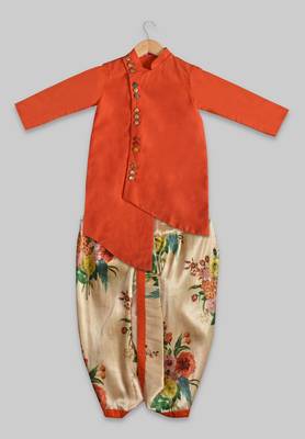 Orange plain cotton silk boys-dhoti-kurta 1