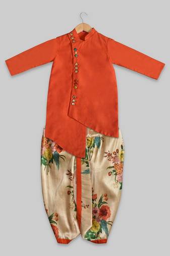 Orange plain cotton silk boys-dhoti-kurta