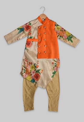 Orange printed cotton silk boys-kurta-pyjama 1