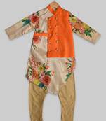 Orange printed cotton silk boys-kurta-pyjama