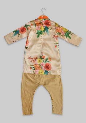 Orange printed cotton silk boys-kurta-pyjama 2