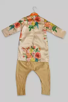 Orange printed cotton silk boys-kurta-pyjama
