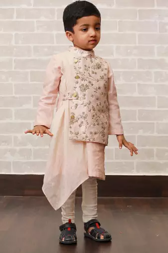 Pink plain linen boys-kurta-pyjama