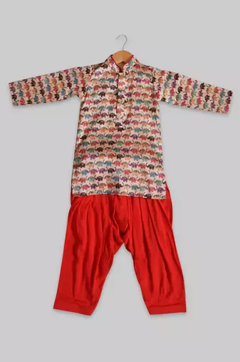 Multicolor printed art silk boys-kurta-patiala