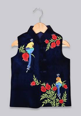 Blue embroidered velvet boys-nehru-jacket 1