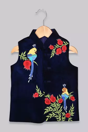 Blue embroidered velvet boys-nehru-jacket