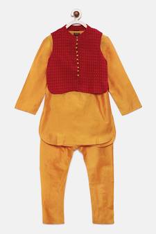 Gold plain polyester boys-kurta-pyjama