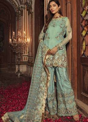 Sea-green embroidered chiffon salwar 1