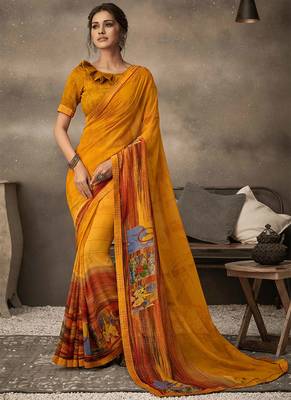 Mustard printed chiffon saree with blouse 1