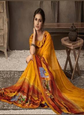 Mustard printed chiffon saree with blouse 2