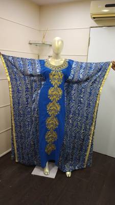 Blue Zari Work Chiffon Polyester Islamic Party Wear Festive Kaftan Farasha 1