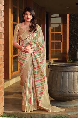 Cream woven banarasi silk saree with blouse 1
