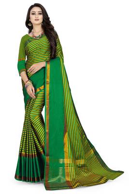 Green printed polycotton saree with blouse 1