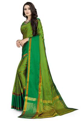 Green printed polycotton saree with blouse 3