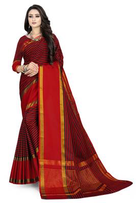 Red printed polycotton saree with blouse 1