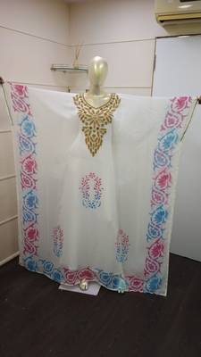 White Zari Work Chiffon Polyester Islamic Party Wear Festive Kaftan Farasha 1