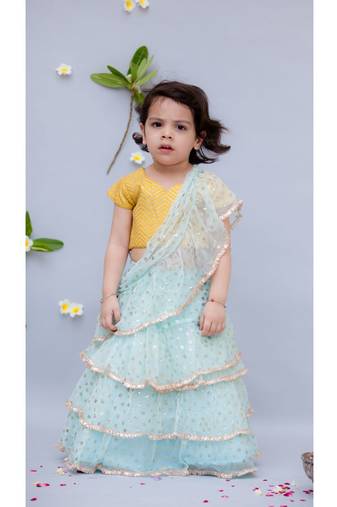 Yellow And Blue Embroidered Fusion Saree