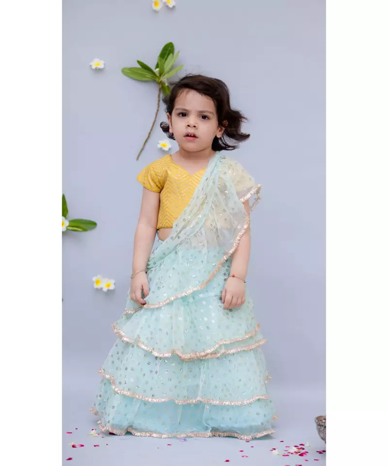 Light Blue Shiffon Saree with Yellow Top