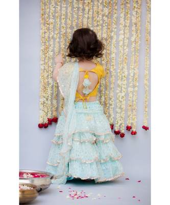 Yellow And Blue Embroidered Fusion Saree 2