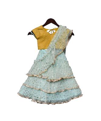 Yellow And Blue Embroidered Fusion Saree 3