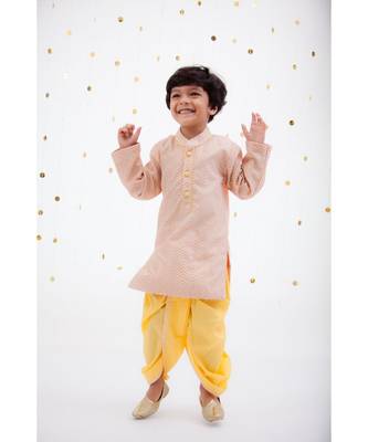 Peach Zik Zak Gota Kurta & Yellow Dhoti 1