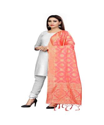 Peach Color jacquard Banarasi silk Dupatta 1