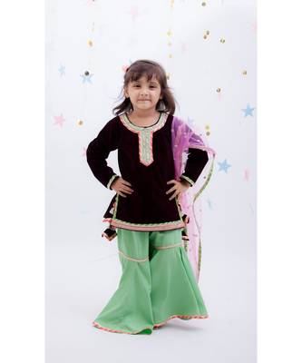 Burgundy Velvet Embroidered Sharara Set 1