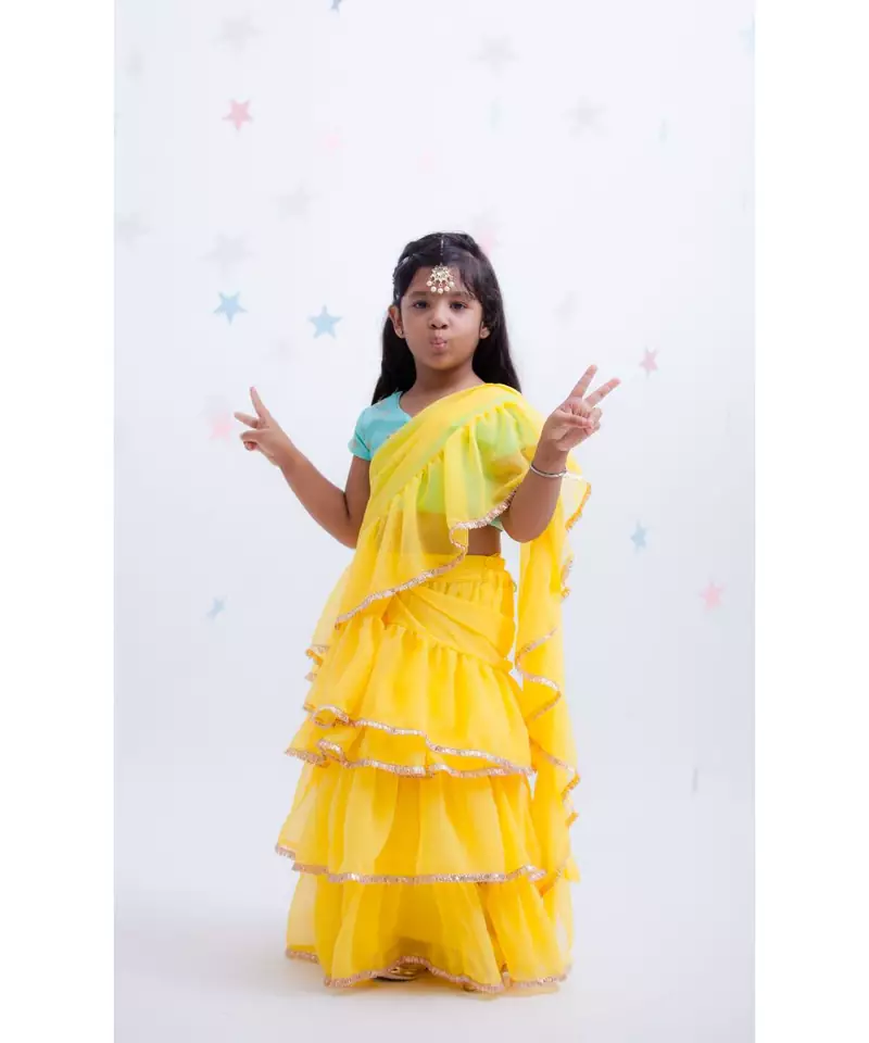 Blue Embroidery Choli with Yellow Saree