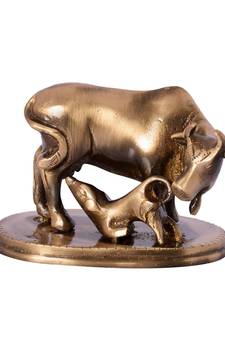 Brass Kamdhenu Cow and Calf Sculpture