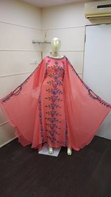 Peach Zari Work Chiffon Polyester Islamic Party Wear Festive  Kaftan Farasha 1