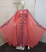 Peach Zari Work Chiffon Polyester Islamic Party Wear Festive  Kaftan Farasha