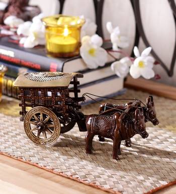 Brown Resin Plain Finish Bullock Cart Sculpture 1
