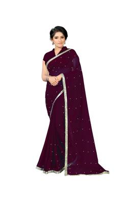 Wine Plain Georgette Saree With Blouse 1