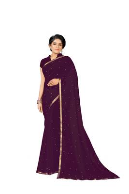 Wine Plain Georgette Saree With Blouse 1