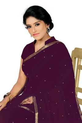 Wine Plain Georgette Saree With Blouse 4