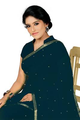 Sky-Blue Plain Georgette Saree With Blouse 4