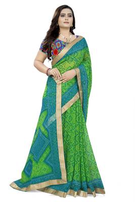 Green Printed Georgette Saree With Blouse 3