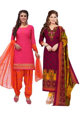 Multicolor Printed Synthetic Unstitched Salwar Set 2 With Dupatta 1