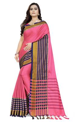 Pink Printed Cotton Saree With Blouse 1