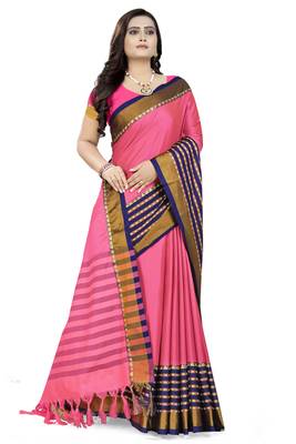 Pink Printed Cotton Saree With Blouse 3