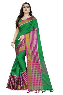 Green Printed Cotton Saree With Blouse 1