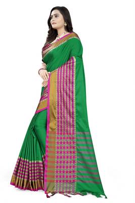 Green Printed Cotton Saree With Blouse 2