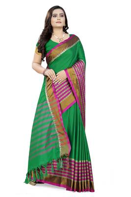 Green Printed Cotton Saree With Blouse 3