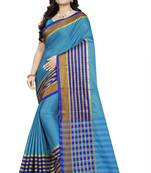 Blue Printed Cotton Saree With Blouse