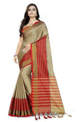 Beige Printed Cotton Saree With Blouse 1