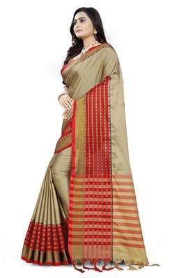 Beige Printed Cotton Saree With Blouse 2