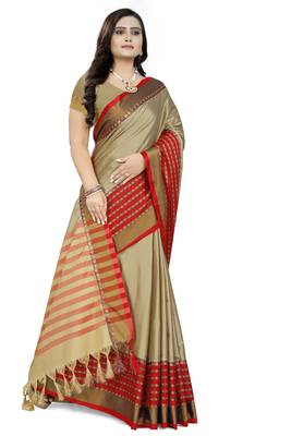 Beige Printed Cotton Saree With Blouse 3