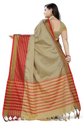 Beige Printed Cotton Saree With Blouse 4