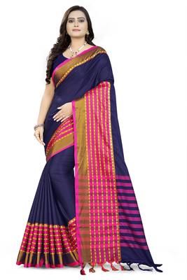 Purple Printed Cotton Saree With Blouse 1